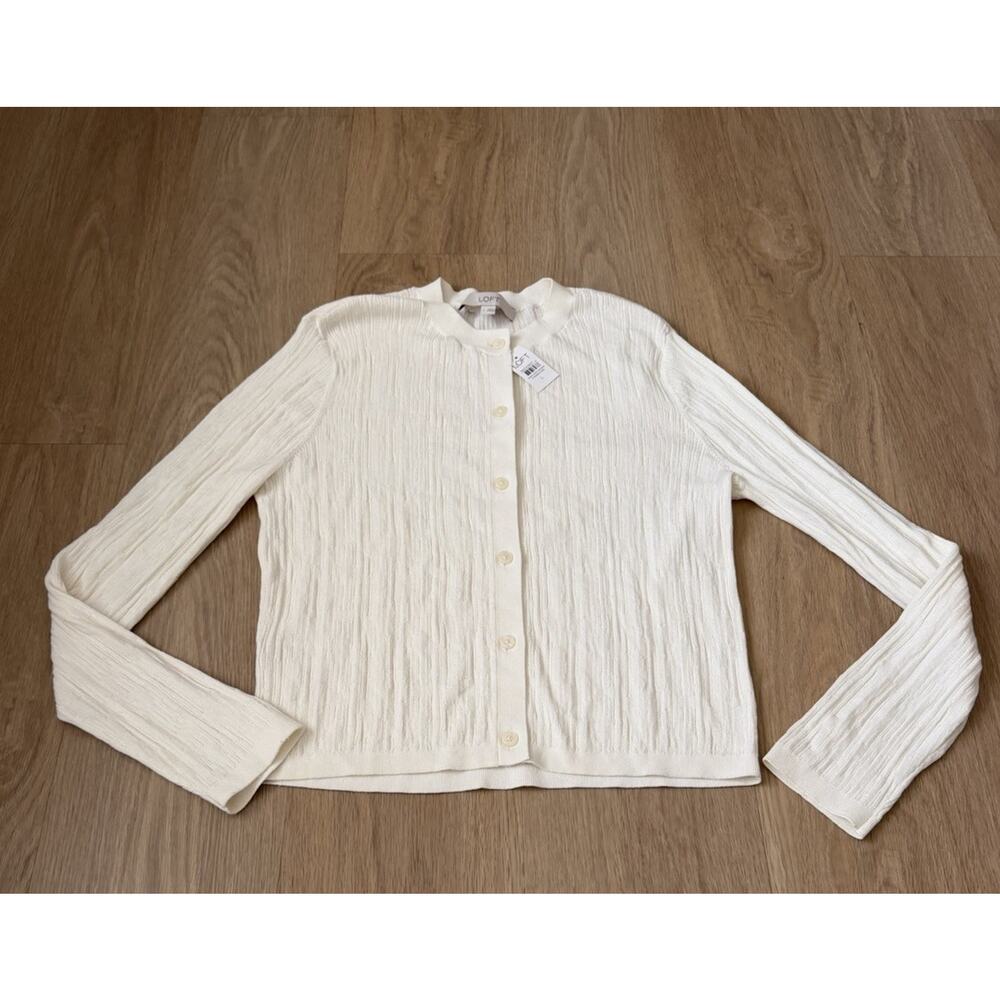 LOFT Women's Ribbed Trim Cream Cardigan Sweater Size L